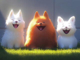 Cute smiling animals sitting on grass, featuring fluffy dogs with joyful expressions. warm sunlight enhances their playful demeanor, creating cheerful atmosphere