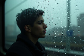 A silhouette of a person looking through a rain-soaked train window, with tight focus on the droplets clinging to the glass, capturing a reflective and moody moment,a stormy journey. AI-generated