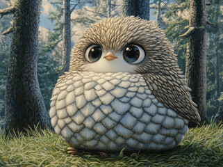 Cute, fluffy cartoon owl with large eyes sits on grass in serene forest setting. owl feathers resemble soft scales, creating adorable appearance