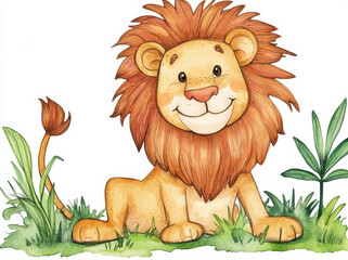 Cute smiling lion sitting on grass with vibrant green plants around. This adorable illustration captures playful spirit of wildlife, evoking joy and warmth