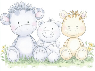 Cute smiling animals sitting on grass, featuring zebra, bear, and tiger, all with adorable expressions. This charming illustration evokes joy and warmth