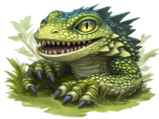 Cute smiling creature with green scales and sharp claws, sitting in grass. This whimsical character has large yellow eyes and friendly expression, evoking sense of joy and playfulness