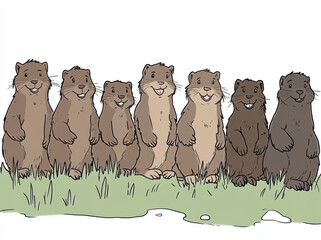 Cute smiling animals standing in row on green grass, showcasing variety of expressions and colors. These adorable creatures bring joy and charm to any scene