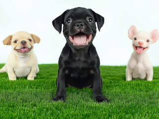 Cute smiling puppies sitting on grass, showcasing their playful and joyful expressions. These adorable animals bring happiness and warmth to any setting