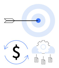 Fototapeta premium Arrow hitting bullseye, dollar sign in cycle, and cloud gear distributing files. Ideal for marketing, synergy, strategy, finance, data management cloud solutions workflow. Flat simple metaphor