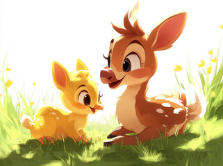 Cute smiling animals sitting on grass, young deer and small bird, enjoying sunny day in vibrant meadow filled with flowers. Their playful expressions evoke joy and friendship