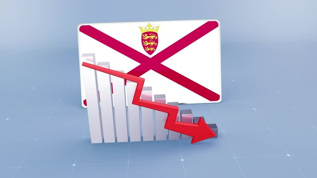 Jersey Country Flag and Bar Chart Graph Showing Decreasing Values a Red Arrow Economic Crisis Concept