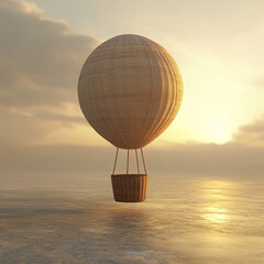 a flying balloon, with a large basket, standing on the ground, 3D effect 
