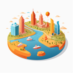 Obraz premium Stylized Cityscape Vector Illustration Isometric Map with Landmarks