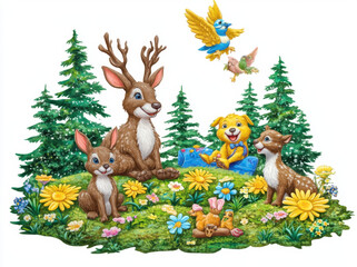 Cute smiling animals sitting on grass in vibrant forest scene, featuring deer, rabbits, dog, and birds surrounded by colorful flowers and trees, evoking joyful atmosphere