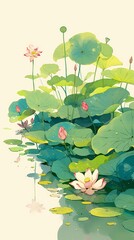 Green pond and pink lotus illustration poster background