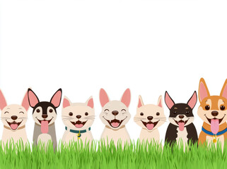 Cute smiling animals sitting on grass, featuring variety of dog breeds with joyful expressions. This cheerful scene captures essence of happiness and companionship