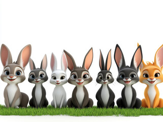 Cute smiling cartoon rabbits sitting on grass, showcasing variety of colors and expressions. These adorable characters bring joy and playfulness to any scene