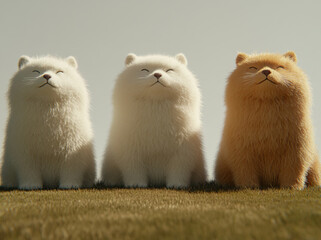 Cute fluffy animals sitting on grass, showcasing their adorable smiles. These charming creatures bring joy and warmth, making scene delightful and heartwarming