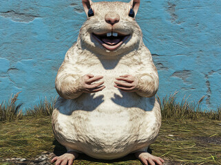 Cute smiling animal sitting on grass, showcasing joyful expression. This adorable creature has round body and is surrounded by vibrant blue background, creating cheerful atmosphere