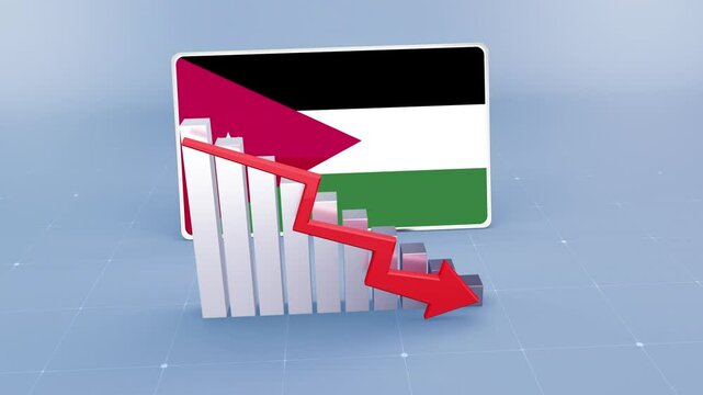 Jordan Country Flag and Bar Chart Graph Showing Decreasing Values a Red Arrow Economic Crisis Concept