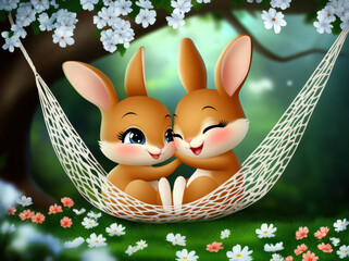 Cute smiling rabbits sitting in hammock surrounded by flowers and greenery, enjoying peaceful moment together. Their joyful expressions convey sense of happiness and friendship
