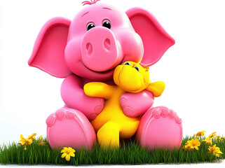 Cute smiling animals sitting on grass, pink elephant hugging yellow toy, surrounded by flowers, radiating joy and warmth