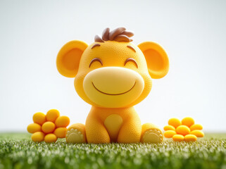 Cute smiling cartoon animal sitting on green grass with yellow flowers, radiating joy and playfulness. This cheerful character brings sense of happiness and warmth