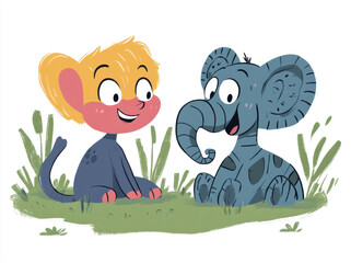 Cute smiling animals sitting on grass, playful monkey and friendly elephant, sharing joyful moment in vibrant, cartoonish style