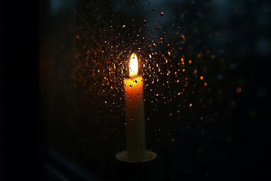 A close-up view of a rain-covered window with soft candlelight flickering behind the glass, creating a peaceful glow during a quiet, stormy night. AI-generated - Powered by Adobe