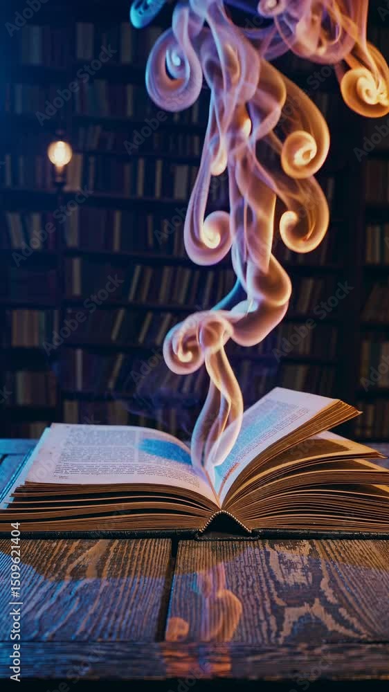 Poster a mystical open book emits colorful smoke, captured from a low angle. the dim library setting adds a