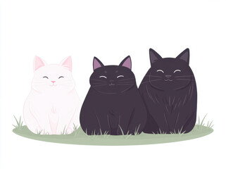 Cute smiling cats sitting on grass, featuring white cat and two black cats, radiating joy and warmth in serene outdoor setting