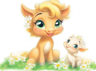 Cute smiling animals sitting on grass, featuring cheerful young horse and playful lamb surrounded by flowers, radiating joy and friendship in vibrant, animated style