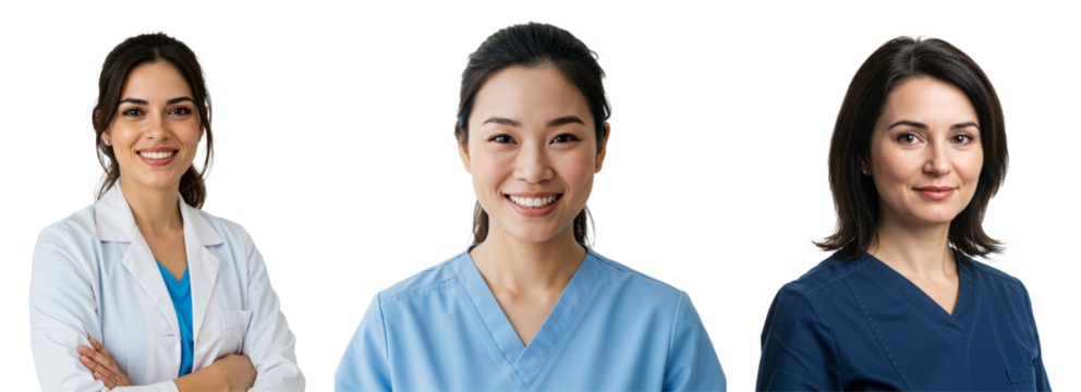 Three diverse female medical professionals, including doctors and nurses, smiling confidently in lab coats and scrubs, isolated on a transparent background. Healthcare team portrait.
