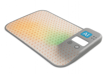 A skin regeneration device with AI-controlled healing grid that uses laser microbeams. Shows color zones for healing stages, ideal for cosmetic and medical imagery.