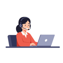 Friendly female customer support representative helping customers via headset and laptop