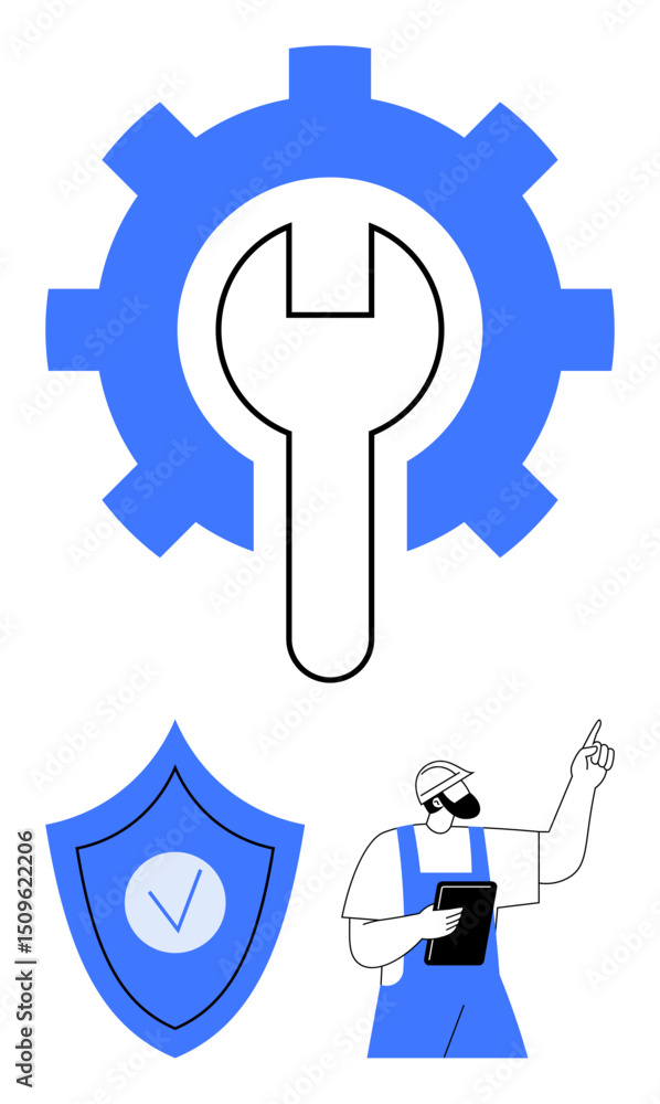 Poster gear and wrench symbolizing tools, shield with checkmark for security, worker pointing while holding