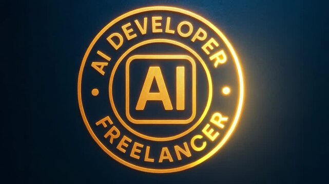AI developer freelancer badge glowing neon light with warm gold glow on dark background symbolizing technology and innovation