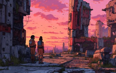 Fototapeta premium Pixel Art Post Apocalyptic Cityscape at Sunset Two Figures in Ruins