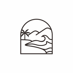 Minimalist Outline Coastal Landscape with Palm Tree and Wave Icon Symbol