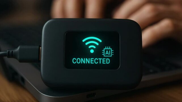 AI connected device with wireless signal icon on screen near laptop keyboard for developer and freelancer technology concept