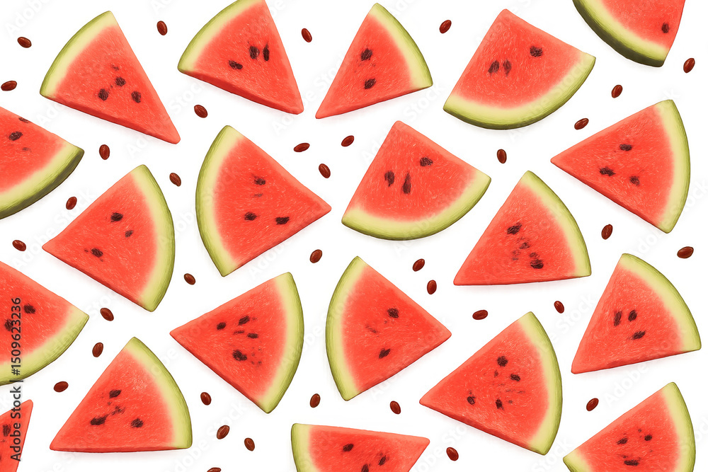 Poster pattern of refreshing watermelon slices and seeds creating a vibrant summery design on a transparent