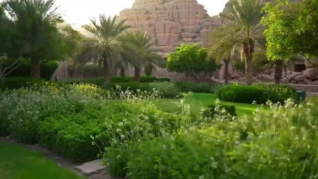 A peaceful scene showcasing the lush greenery of Wadi Hanifa Garden in Riyadh, Saudi Arabia