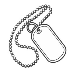 clean vector of steel dog tag with ball chain, engraved details, perspective layout on white
