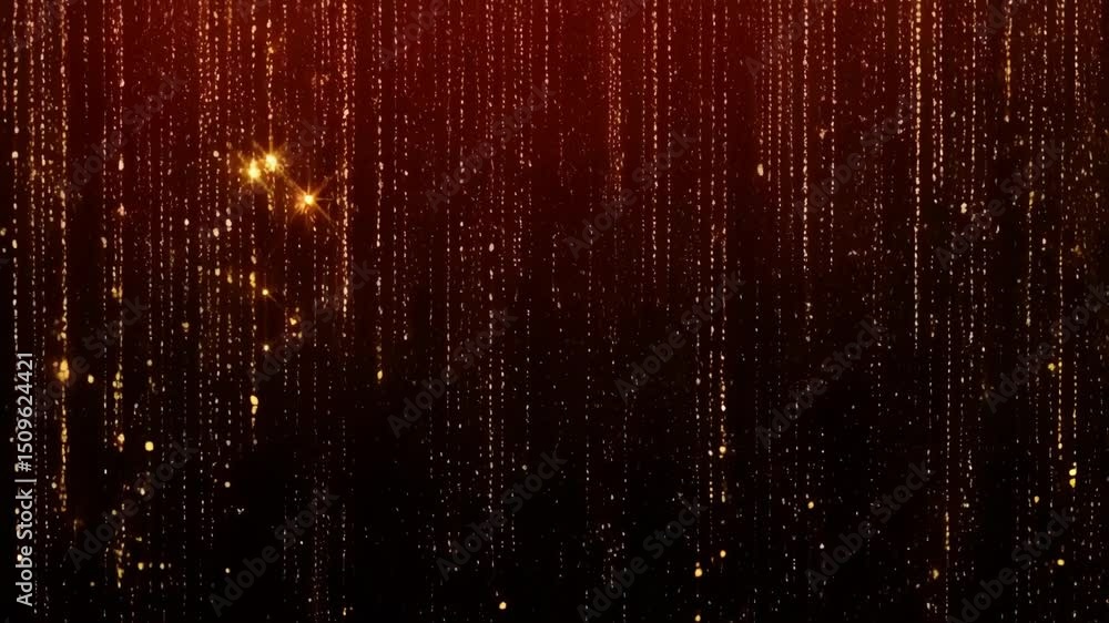 Poster abstract motion background featuring shimmering golden particles falling like rain on a dark red gra