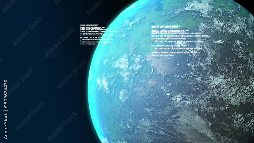 Poster rotating earth globe over void with code clusters drifting inward from left visualizing tech data