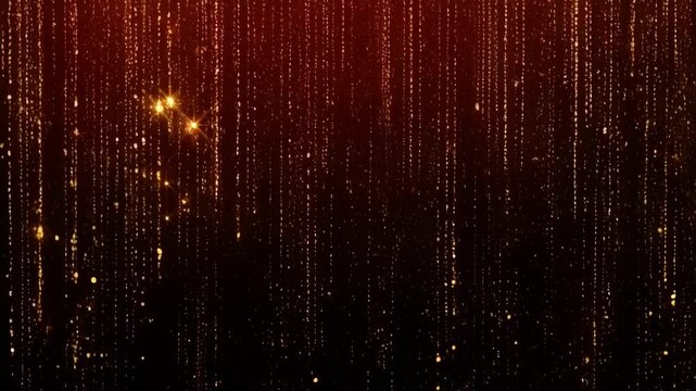 Abstract motion background featuring shimmering golden particles falling like rain on a dark red gradient backdrop, elegant and festive theme for celebration.