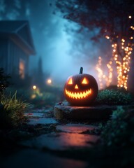 Fototapeta premium Eerie glowing jack-o'-lantern sitting in a foggy garden at night, low light, spooky halloween setting