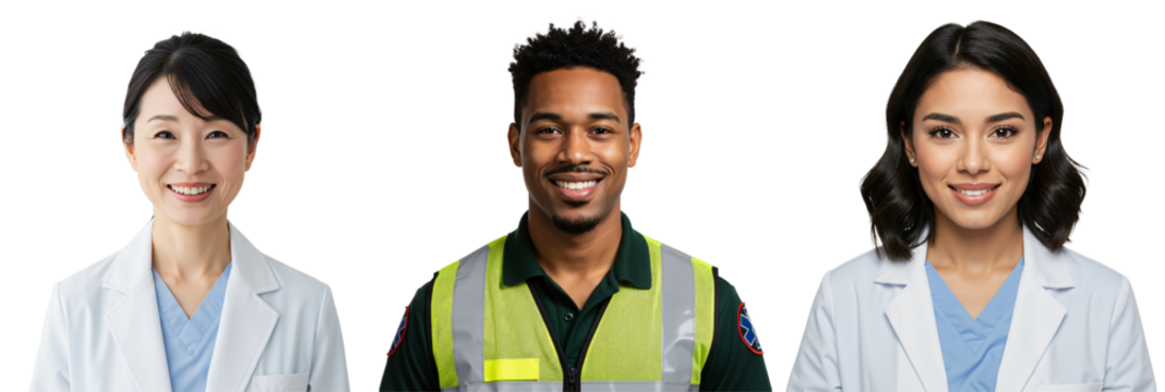 Diverse group of smiling healthcare professionals. Asian female doctor, African American male paramedic, and Hispanic female doctor posing together against a transparent background.