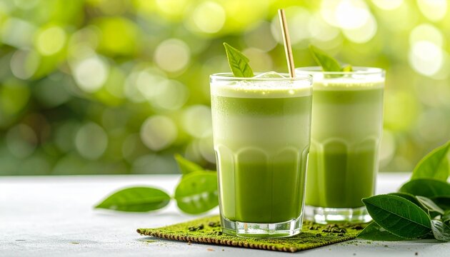 Close-Up of Iced Matcha Latte with Condensation and Bokeh Light Background, perfect for photography commercial or branding use