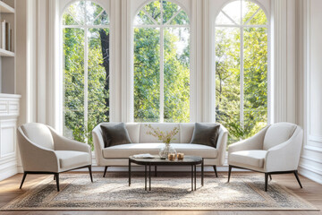 Elegant living room interior design featuring stylish furniture and large scenic windows