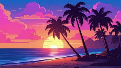 Tropical beach landscape at sunset with palm trees, warm colors, and ocean waves creating a serene and vibrant scene - Powered by Adobe