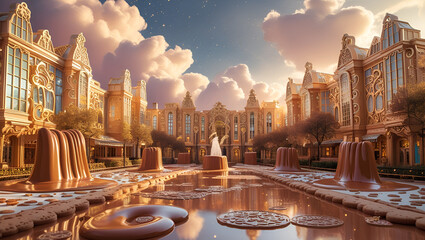 Buildings shaped like chocolate bars, fountains pouring melted chocolate, cocoa dust clouds in the sky, and cookie sidewalks—stylized like a dreamlike Willy Wonka world.
