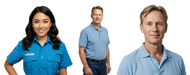 Diverse group of professionals smiling: Young Asian woman in uniform and two middle-aged Caucasian men in polo shirts. Studio portraits on transparent background.