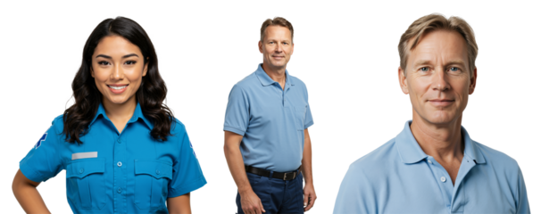 Diverse group of professionals smiling: Young Asian woman in uniform and two middle-aged Caucasian men in polo shirts. Studio portraits on transparent background.